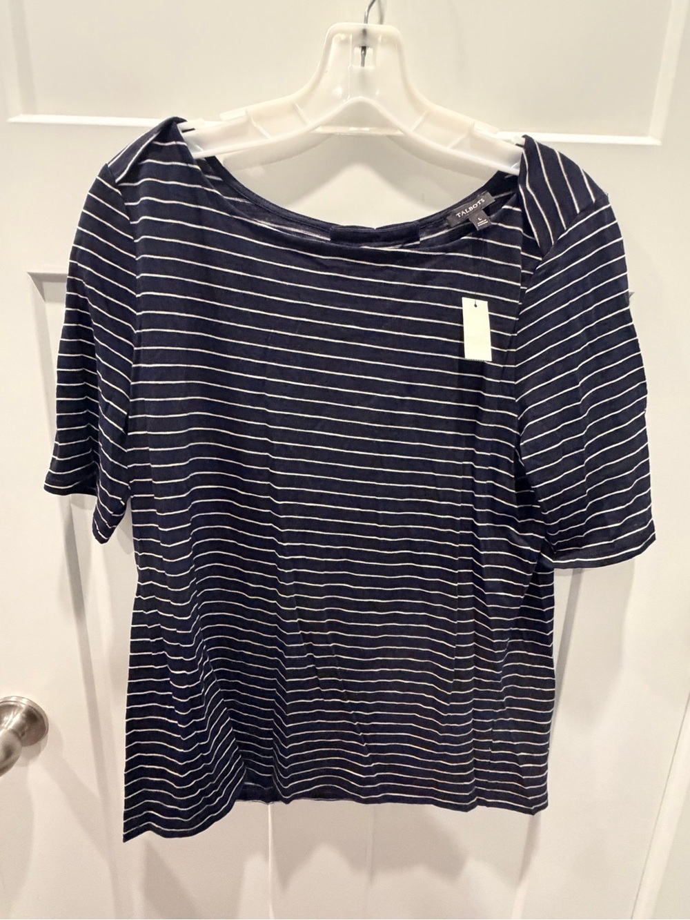 NWT Talbots Navy White Striped Cotton Modal Boat Neck Top Large